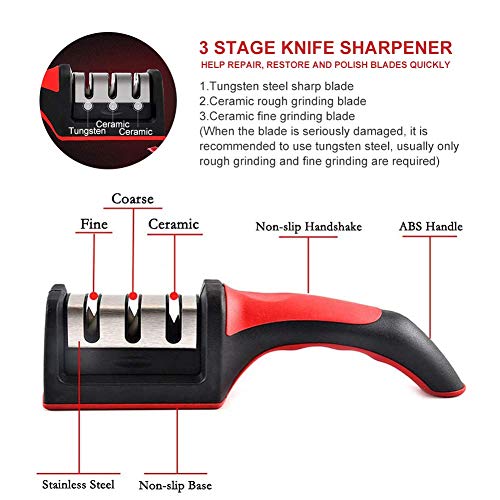 TUKNON Afilador de Cuchillos,Afilador de Cuchillos Profesional,3 Etapas Knife Sharpener, 3 En 1 Afilador De Cocina Manual, para Cuchillos Y Tijeras