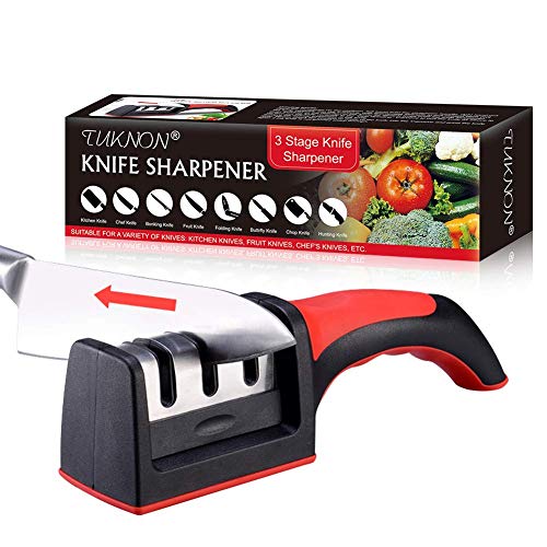 TUKNON Afilador de Cuchillos,Afilador de Cuchillos Profesional,3 Etapas Knife Sharpener, 3 En 1 Afilador De Cocina Manual, para Cuchillos Y Tijeras