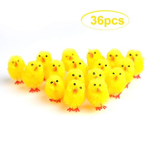 TUPARKA 36Pcs Polluelos de Chenilla de Pascua Lindos Pollitos de Pascua Completamente Amarillos Polluelos de bebé con 4 Pegatinas de Pascua de Hoja para niños, Huevo de Pascua Decoración (Yellow)