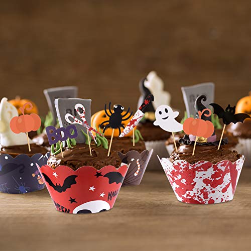 TUPARKA 54 Unids Halloween Cupcake Toppers Envoltorios Halloween Spider Pumpkin Ghost Mano Pastel Decoraciones Suministros