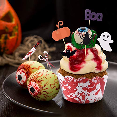 TUPARKA 54 Unids Halloween Cupcake Toppers Envoltorios Halloween Spider Pumpkin Ghost Mano Pastel Decoraciones Suministros