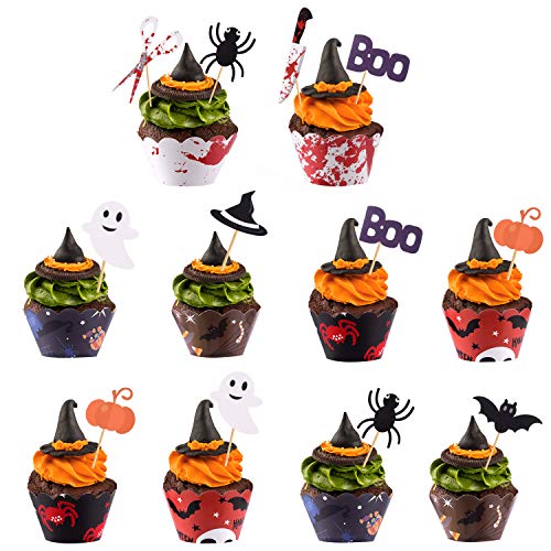 TUPARKA 54 Unids Halloween Cupcake Toppers Envoltorios Halloween Spider Pumpkin Ghost Mano Pastel Decoraciones Suministros