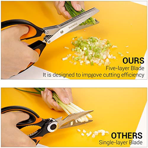 TURATA Tijeras de Cocina Multiuso Tijeras para Hierbas, Herb Scissors con 5 Capas de Cuchillas de Acero Inoxidable, Mango ergonómico Antideslizante, 2 peines de Limpieza para cebolleta y Hierba