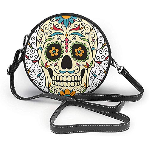 TURFED Bolso de hombro redondo de PU Precioso calavera de azúcar Catrina Calavera Figura destacada Adornos Macabre Recuerda el bolso de hombro temático The Dead