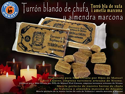 Turrón de chufas de Valencia y almendra marcona de Alicante. Elaborado en Jijona por hijos de Manuel Picó Llorens de forma pionera para Món Orxata. Corte a mano. Apróx. 250 g.