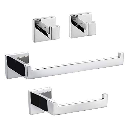 TURS 4 Piezas Baño Accesorio Conjunto de Acero Inoxidable Papel Higiénico Soporte de Papel Higiénico Barra de Toalla / Soporte Robe Gancho Montaje en Pared, Acabado Pulido, Q7X4-P