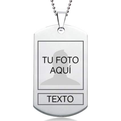 TusPlacas Colgante Hombre con Foto o Texto Personalizados - Chapa Acero Inoxidable Grabada - Colgante Foto Estilo Chapas Militares - Incluye Bolsita de Regalo y Cadena de Acero de Bolitas