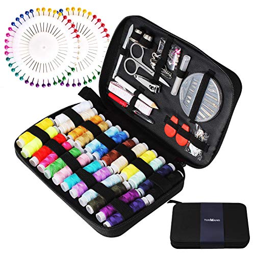 Tuxwang Kit de costura con 130 piezas Accesorios de costura premium con funda de transporte, 24 carretes de hilo - 1 paquete de agujas de coser (cuenta 30) Kit de costura de viaje