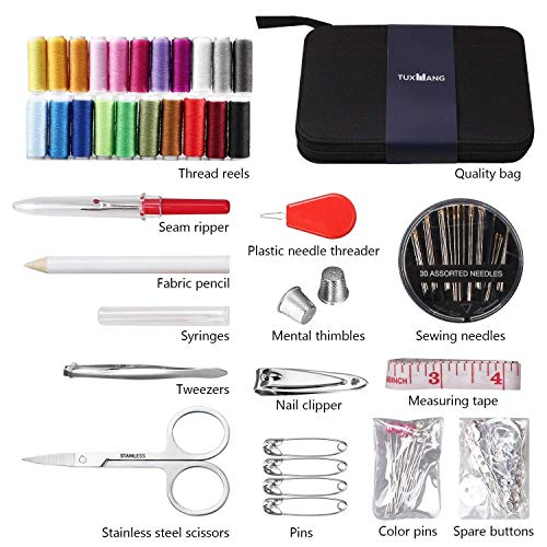 Tuxwang Kit de costura con 130 piezas Accesorios de costura premium con funda de transporte, 24 carretes de hilo - 1 paquete de agujas de coser (cuenta 30) Kit de costura de viaje