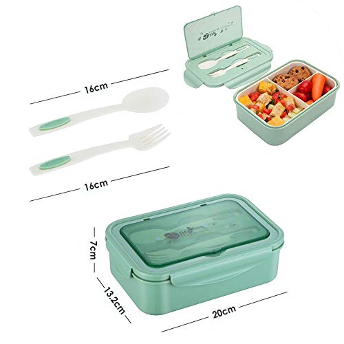 TWBEST Bento Box, Bento Box para niños, Bento Box con 3 Compartimentos y Cubiertos, Bento Box Lunch Box y Ideal Food Box para niños y Adultos Snacks (Verde)