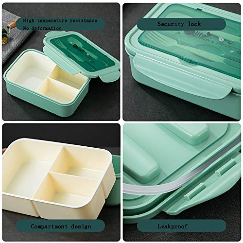 TWBEST Bento Box, Bento Box para niños, Bento Box con 3 Compartimentos y Cubiertos, Bento Box Lunch Box y Ideal Food Box para niños y Adultos Snacks (Verde)