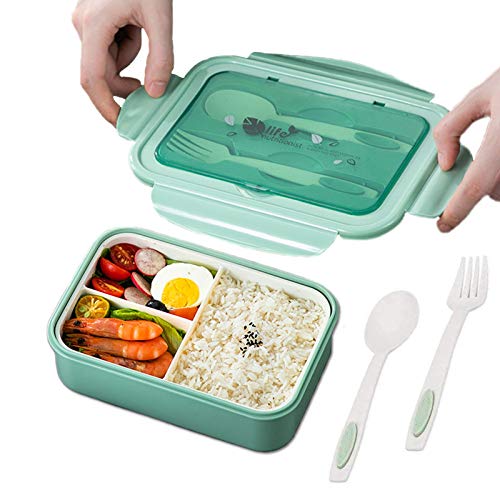 TWBEST Bento Box, Bento Box para niños, Bento Box con 3 Compartimentos y Cubiertos, Bento Box Lunch Box y Ideal Food Box para niños y Adultos Snacks (Verde)