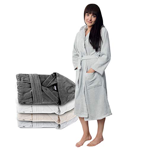 Twinzen Bata Baño con Capucha, Albornoz 100% Algodón para Mujer (M, Gris Estaño), 2 Bolsillos, Cinturón Certificado Oeko Tex - Bata de Baño - Albornoz Suave, Absorbente y Cómodo