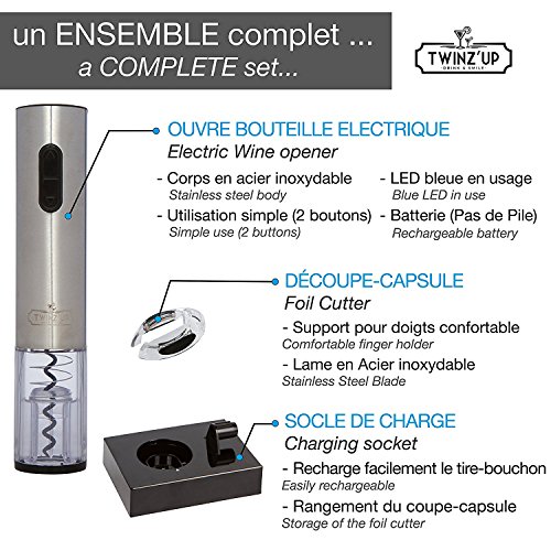 Twinz'up - Sacacorchos Eléctrico Inalámbrico - Estuche Premium con Cortador de Cápsulas y Base de Recarga - Profesional Automatico Abrelatas de Vino - El Regalo Ideal - Abridor Botellas - Plata