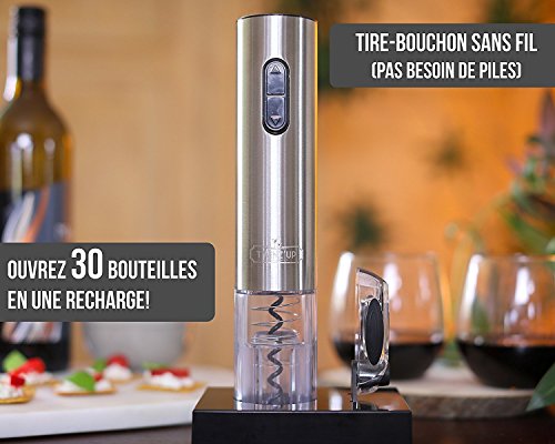 Twinz'up - Sacacorchos Eléctrico Inalámbrico - Estuche Premium con Cortador de Cápsulas y Base de Recarga - Profesional Automatico Abrelatas de Vino - El Regalo Ideal - Abridor Botellas - Plata