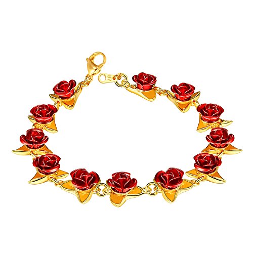 U7 Regalo de San Valentín Pulsera Mujer Bañado en Oro 18K con Flor Rosa Rojo Brazalete para Mujer con Caja de Regalo …