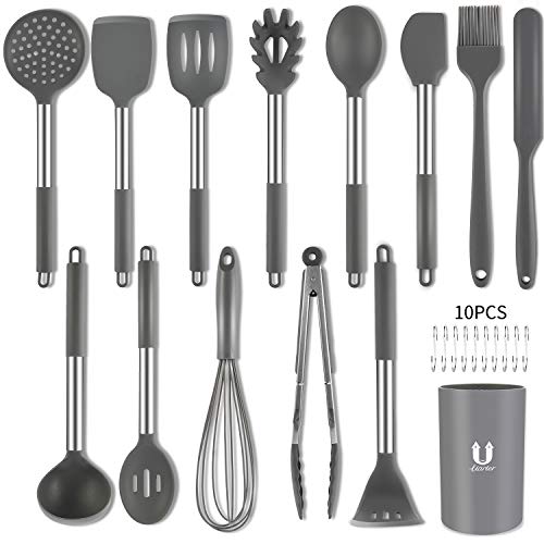 Uarter Utensilios de Cocina, 24 Piezas Resistente al Calor y Antiadherente Utensilios Cocina de Silicona y Acero Inoxidable, Espátula, Cuchara, Batidor, Pinza para Espagueti, 10pcs Ganchos (Gris)