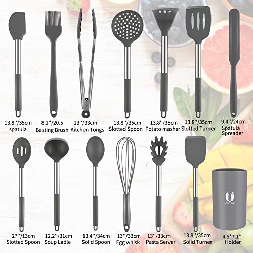 Uarter Utensilios de Cocina, 24 Piezas Resistente al Calor y Antiadherente Utensilios Cocina de Silicona y Acero Inoxidable, Espátula, Cuchara, Batidor, Pinza para Espagueti, 10pcs Ganchos (Gris)