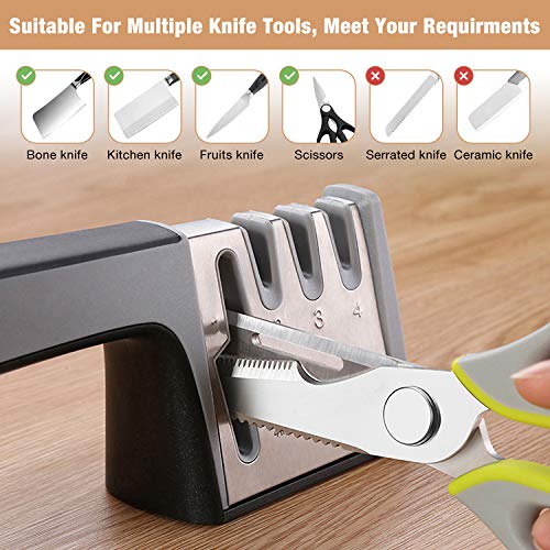 UBEGOOD Afiladores Manuales, 4 en 1 Cocina Afilador Cuchillos Profesional Acero Inoxidable Afiladores Cuchillos 4 Etapas Knife Sharpener con Base Antideslizante, Para Afilar Cocina Cuchillos Tijeras