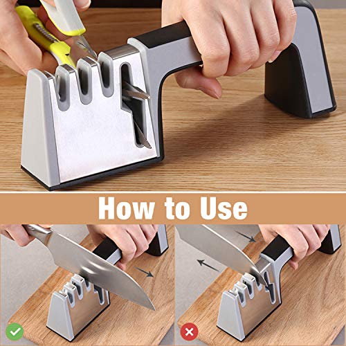 UBEGOOD Afiladores Manuales, 4 en 1 Cocina Afilador Cuchillos Profesional Acero Inoxidable Afiladores Cuchillos 4 Etapas Knife Sharpener con Base Antideslizante, Para Afilar Cocina Cuchillos Tijeras