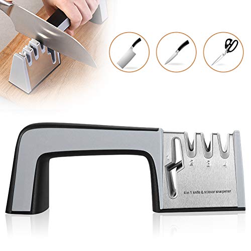 UBEGOOD Afiladores Manuales, 4 en 1 Cocina Afilador Cuchillos Profesional Acero Inoxidable Afiladores Cuchillos 4 Etapas Knife Sharpener con Base Antideslizante, Para Afilar Cocina Cuchillos Tijeras