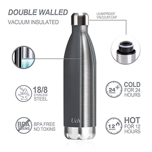 Uchrolls Botella de Agua aislada al vacío de Acero Inoxidable, 750ml, diseño de Pared Doble para Mantener Sus Bebidas Caliente y Fría, BPA Gratis, Ideal Botella de Agua Deportiva (Gris)