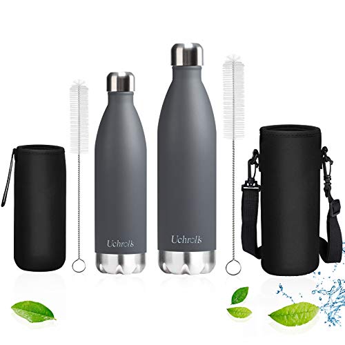 Uchrolls Botella de Agua aislada al vacío de Acero Inoxidable, 750ml, diseño de Pared Doble para Mantener Sus Bebidas Caliente y Fría, BPA Gratis, Ideal Botella de Agua Deportiva (Gris)