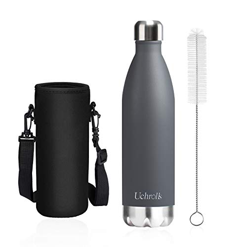 Uchrolls Botella de Agua aislada al vacío de Acero Inoxidable, 750ml, diseño de Pared Doble para Mantener Sus Bebidas Caliente y Fría, BPA Gratis, Ideal Botella de Agua Deportiva (Gris)