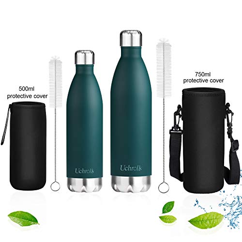 Uchrolls Botella de Agua aislada al vacío de Acero Inoxidable, 750ml, diseño de Pared Doble para Mantener Sus Bebidas Caliente y Fría, BPA Gratis, Ideal Botella de Agua Deportiva (Verde Oscuro)