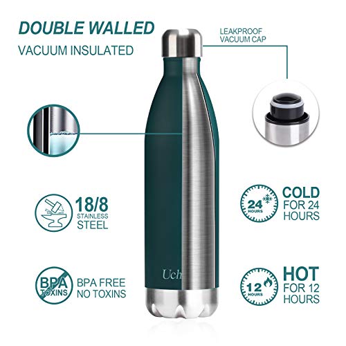 Uchrolls Botella de Agua aislada al vacío de Acero Inoxidable, 750ml, diseño de Pared Doble para Mantener Sus Bebidas Caliente y Fría, BPA Gratis, Ideal Botella de Agua Deportiva (Verde Oscuro)