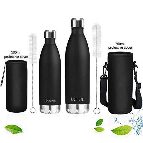 Uchrolls Botella de Agua aislada al vacío de Acero Inoxidable, 750ml, diseño de Pared Doble para Mantener Sus Bebidas Caliente y Fría, BPA Gratis, Ideal Botella de Agua Deportiva (Negro)