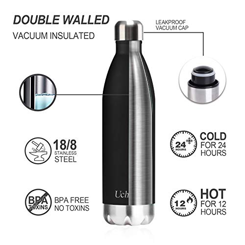 Uchrolls Botella de Agua aislada al vacío de Acero Inoxidable, 750ml, diseño de Pared Doble para Mantener Sus Bebidas Caliente y Fría, BPA Gratis, Ideal Botella de Agua Deportiva (Negro)