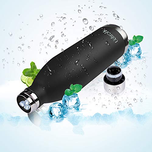 Uchrolls Botella de Agua aislada al vacío de Acero Inoxidable, 750ml, diseño de Pared Doble para Mantener Sus Bebidas Caliente y Fría, BPA Gratis, Ideal Botella de Agua Deportiva (Negro)