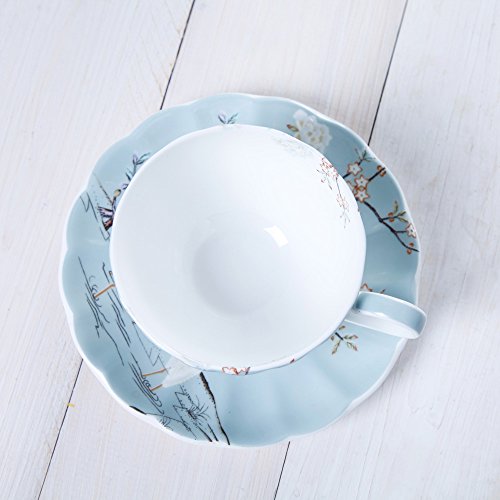 ufengke 8oz Azul Taza de Café de Porcelana Fina con Platillo,Flores de Colores,Platillo y Taza de Té de Porcelana de Grulla Blanca