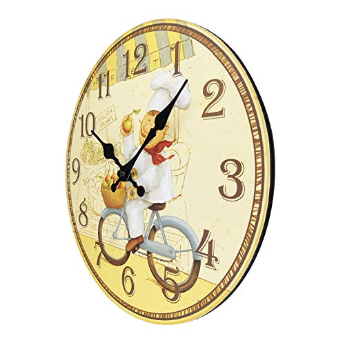 ufengke Reloj de Pared Cocina Madera Vintage Reloj Quartz Rustico un Cocinero Feliz en Bicicleta Pare Comedor, Diámetro 34cm