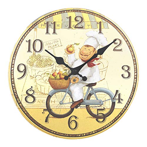 ufengke Reloj de Pared Cocina Madera Vintage Reloj Quartz Rustico un Cocinero Feliz en Bicicleta Pare Comedor, Diámetro 34cm