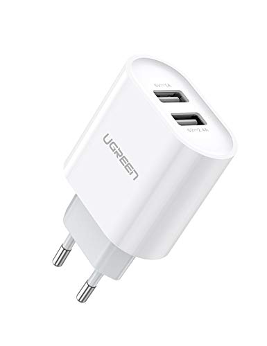 UGREEN 2 Cargador USB de pared 17W 5V 3.4A Cargador USB Enchufe para iPhone XS Max XR X 8 7 6 iPad Pro Mini teléfono inteligente Samsung S10 S9 S8 A50 A8 A6 J6 M20 Huawei P20 Lite Mate 20 Lite - Blanco