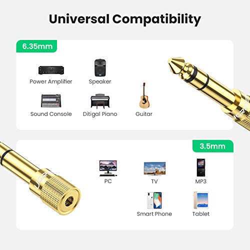 UGREEN Adaptador Audio Jack 6.35 a 3.5, 2 Unidades de Convertidor Audio Estéreo de Jack, Adaptador 3.5mm Hembra a 6.35mm Macho HiFi Sonido para Auriculares, Altavoces, Amplificador,Mezclador de Audio