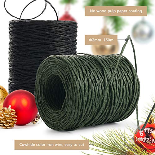 Ulikey 2 x 150M Alambre de Papel, 2 Rollos Cordón de Papel de Alambre de Hierro Natural, Cuerda de Papel Cinta de Papel para Navidad, Boda, Paquete, decoración de Flores (Verde + Negro)