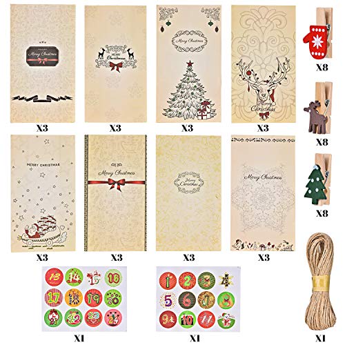 Ulikey 24 Bolsas de Regalo Navidad, Calendario de Adviento, Bolsas de Papel Kraft con 1-24 Pegatinas, Decoración Navideña para el Hogar para Boda Fiestas Cumpleaños