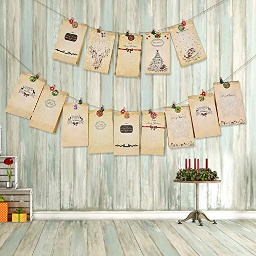 Ulikey 24 Bolsas de Regalo Navidad, Calendario de Adviento, Bolsas de Papel Kraft con 1-24 Pegatinas, Decoración Navideña para el Hogar para Boda Fiestas Cumpleaños