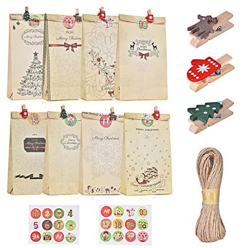 Ulikey 24 Bolsas de Regalo Navidad, Calendario de Adviento, Bolsas de Papel Kraft con 1-24 Pegatinas, Decoración Navideña para el Hogar para Boda Fiestas Cumpleaños