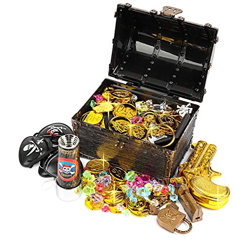 Ulikey Monedas de Oro Juguete Pirata Niños, Monedas Doradas de Plástico de Pirata, Pirata del Tesoro y Cofre del Tesoro para la Caza Juego Decoración Partido Regalo Cofre del Tesoro