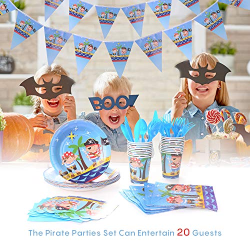 Ulikey Pirata para Fiestas, Set de Fiesta Kids Birthday Pirate, Pirata Artículos Fiesta Niño Incluye Pancarta, Platos, Vasos, Cubiertos, Servilletas, Mantel, Cucharas, Tenedores y Cuchilos