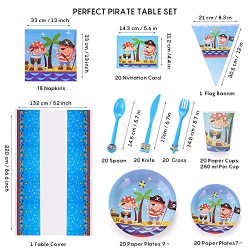 Ulikey Pirata para Fiestas, Set de Fiesta Kids Birthday Pirate, Pirata Artículos Fiesta Niño Incluye Pancarta, Platos, Vasos, Cubiertos, Servilletas, Mantel, Cucharas, Tenedores y Cuchilos