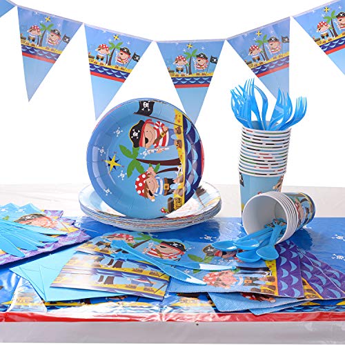 Ulikey Pirata para Fiestas, Set de Fiesta Kids Birthday Pirate, Pirata Artículos Fiesta Niño Incluye Pancarta, Platos, Vasos, Cubiertos, Servilletas, Mantel, Cucharas, Tenedores y Cuchilos