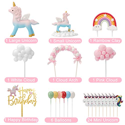 Ulikey Unicornio Decoración de Tartas Cumpleaños, Cake Topper Unicornio Decoracion Happy Birthday Banderines Globos Arcoiris Decorar Tartas Infantiles Niñas