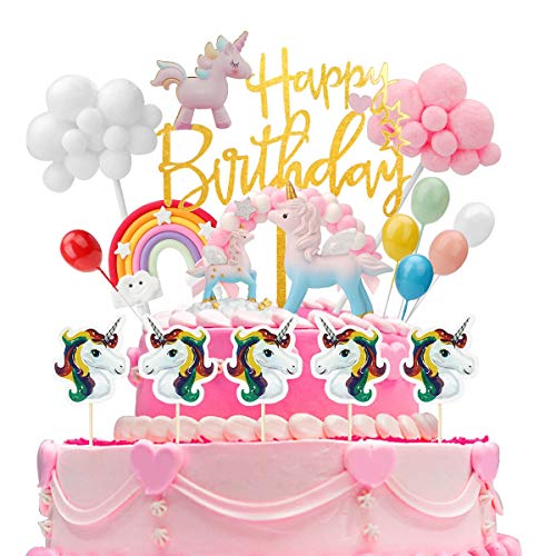 Ulikey Unicornio Decoración de Tartas Cumpleaños, Cake Topper Unicornio Decoracion Happy Birthday Banderines Globos Arcoiris Decorar Tartas Infantiles Niñas