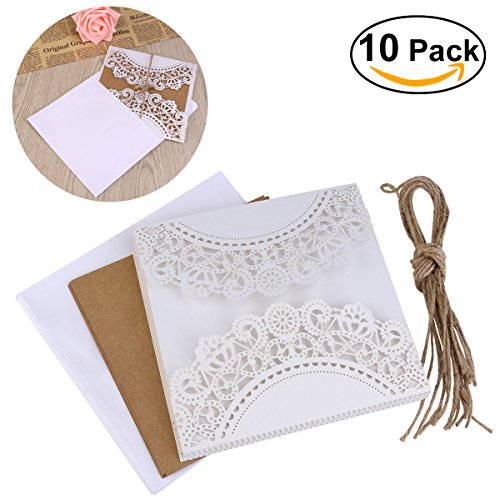 ULTNICE 10pcs hueco decorativo invitación felicitación tarjeta con sobre de encaje para bodas cumpleaños compromiso fiesta blanco