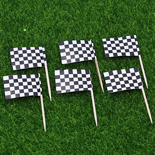ULTNICE Paquete de 100 selecciones de Bandera de Carreras Bandera a Cuadros Palillos de Dientes Palitos de Aperitivo para Cóctel - Blanco y Negro